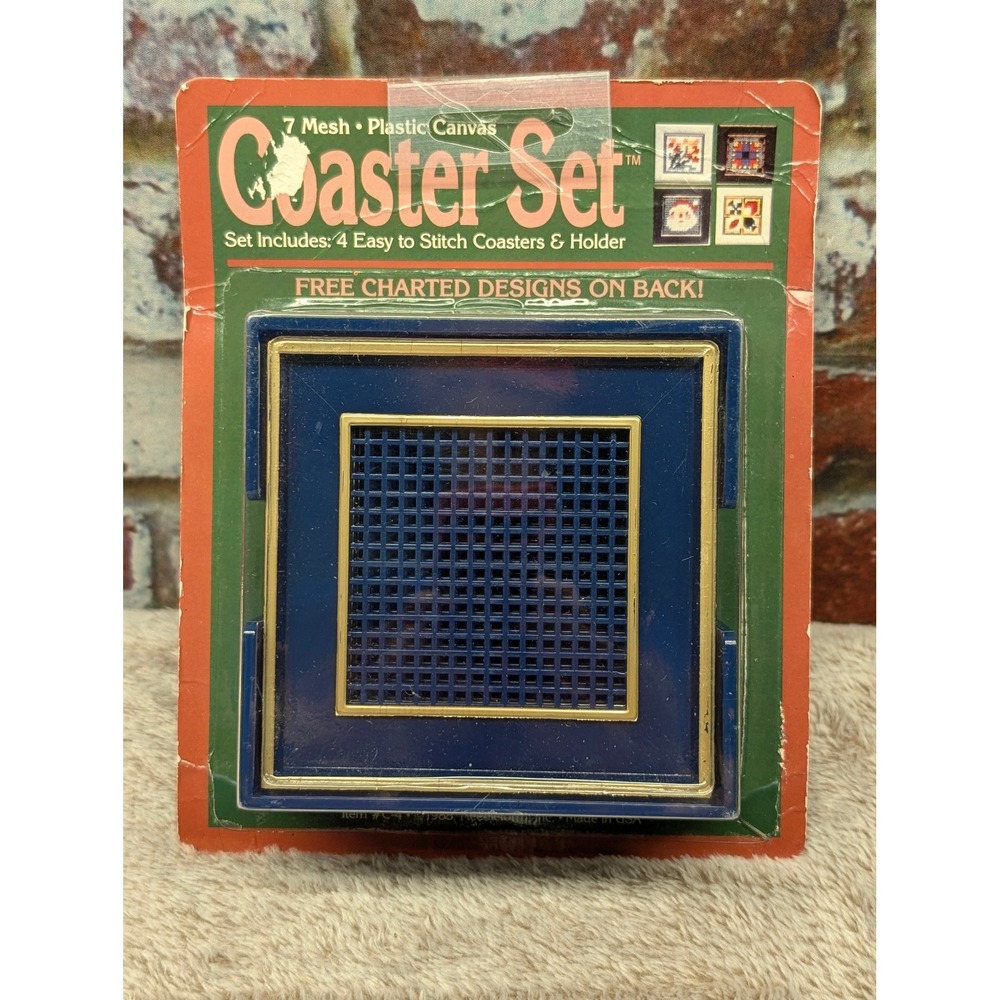 Vintage 1988 Needleform Plastic Canvas Coaster Set Kit Blue Gold 7 Mesh C-4 NEW